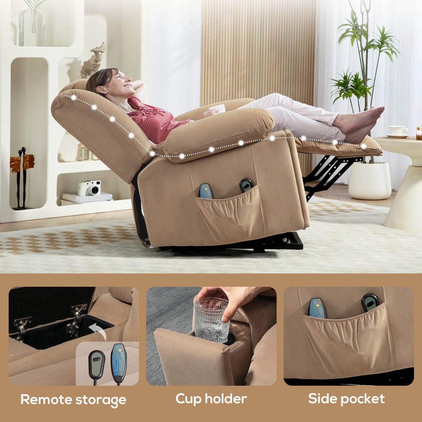 HOMCOM Electric Lift Recliner Chair with Massage and Heat, Overstuffed Armchair for Elderly, Light Brown with USB Ports and Cup Holders - ALL4U RETAILER LTD