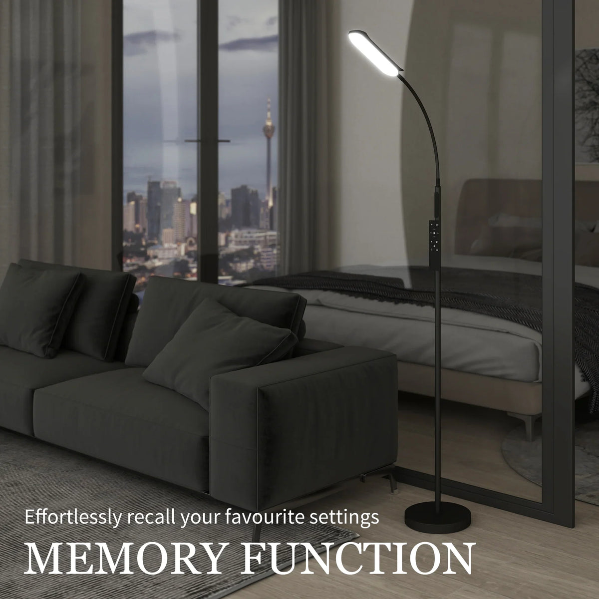 Black LED floor lamp with gooseneck and touch control panel, illuminated head