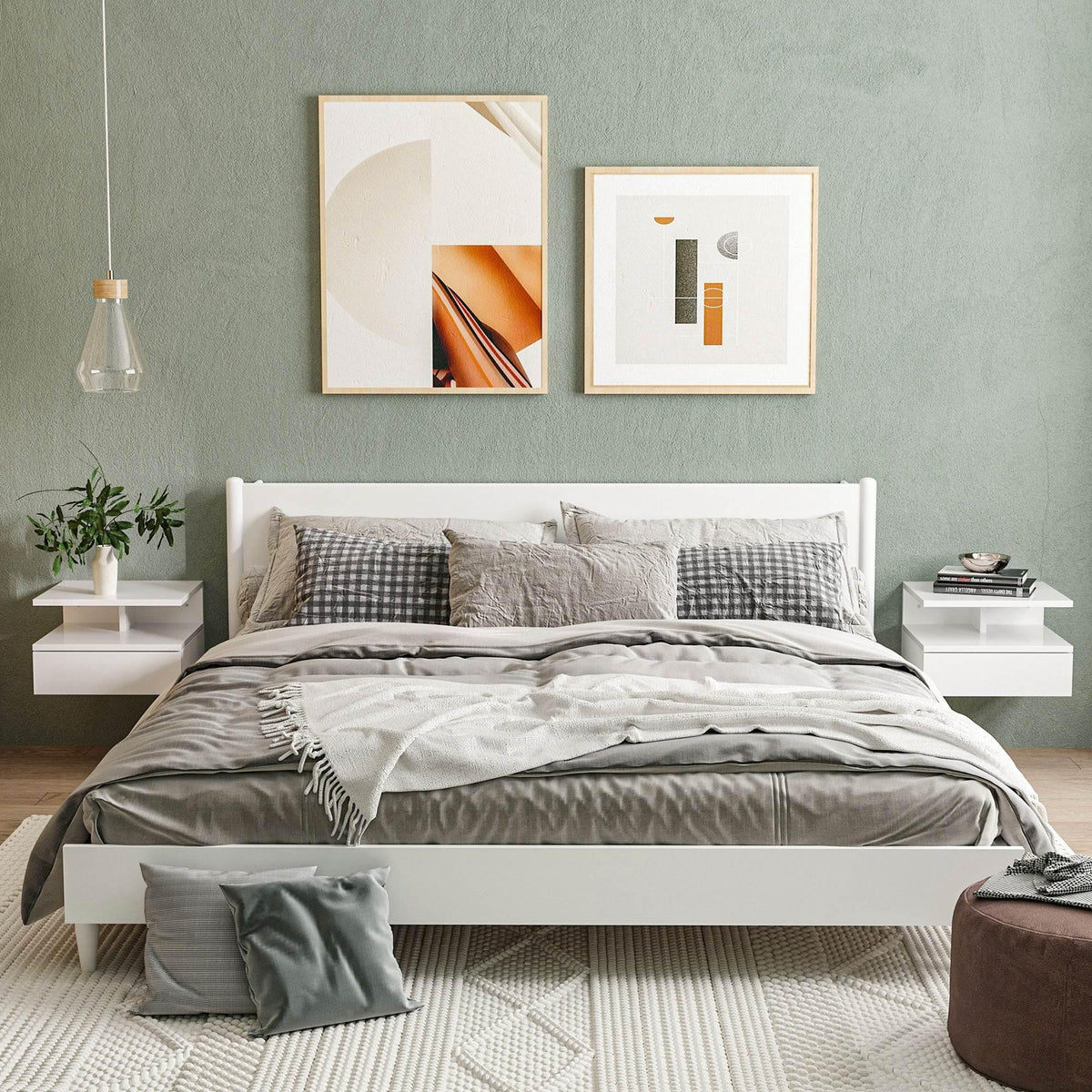 Set of two white floating nightstands with open shelves, placed on both sides of a bed