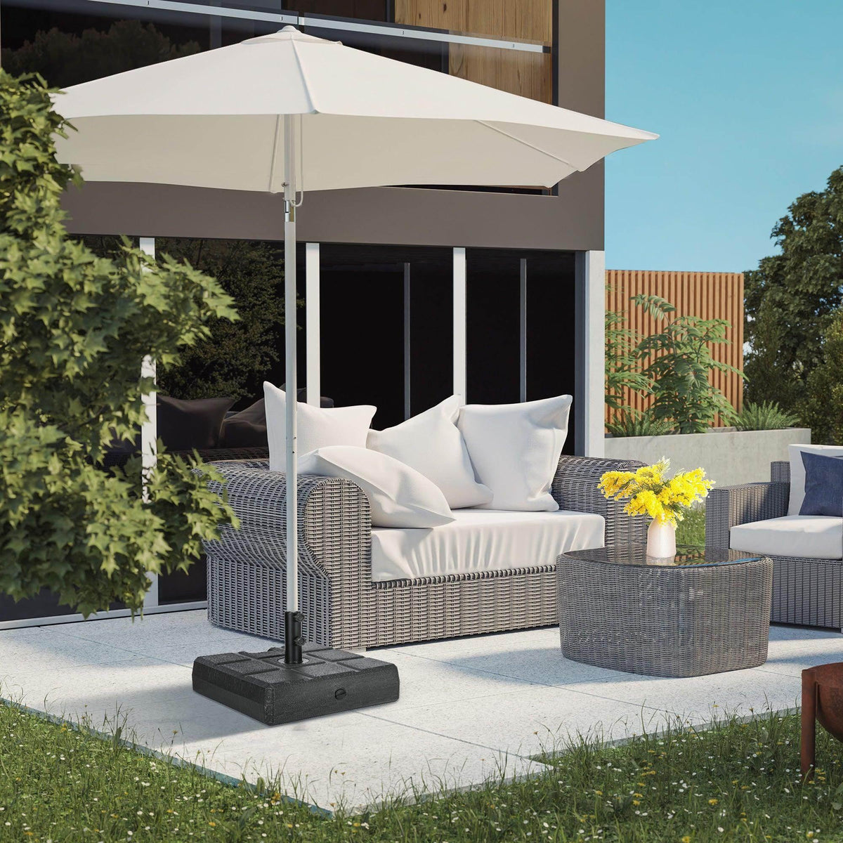 Square umbrella base with wood-effect finish and pole stand, black