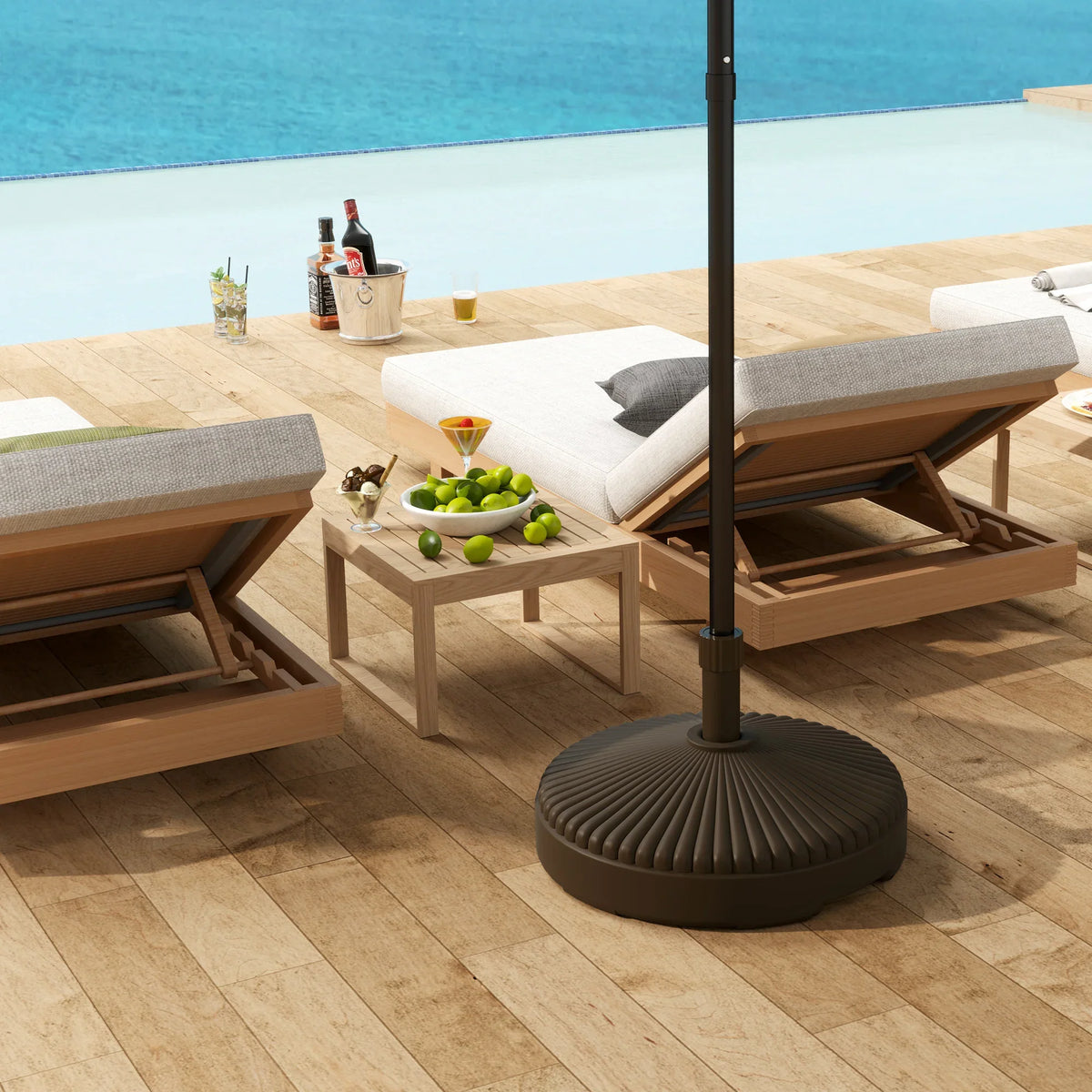 Brown ribbed parasol base weight at poolside patio with umbrella pole installed.