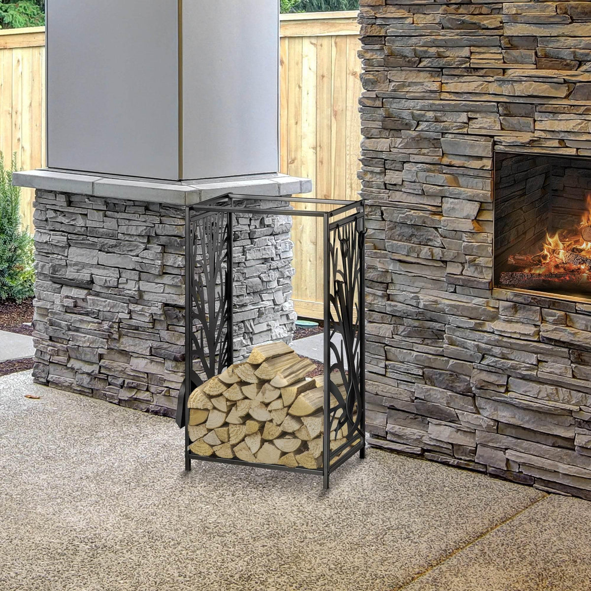 Black steel firewood rack with open frame and stacked logs on the floor