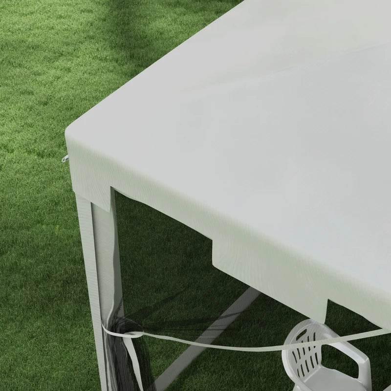 White PE canopy tent corner with roof edge and hanging tie rope on grass
