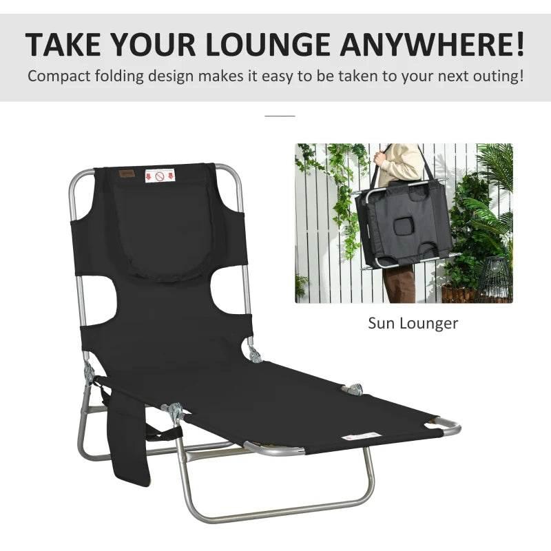 Outsunny foldable sun lounger, black fabric seat with arm slots and side pocket