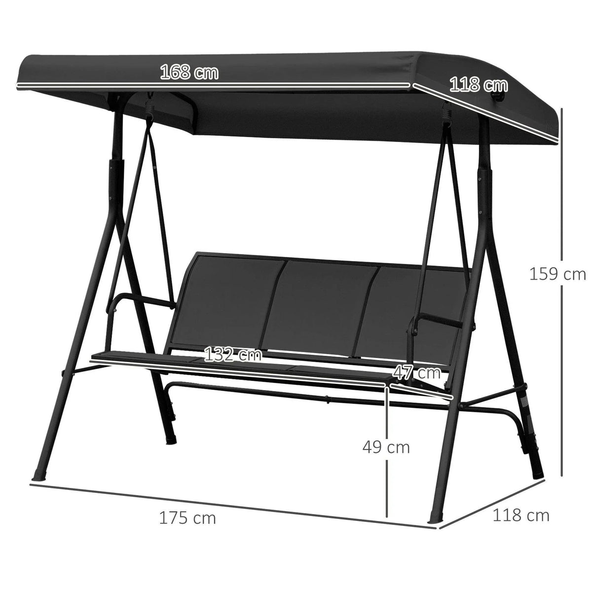 Black three-seater swing chair with canopy, seat cushion and frame with size dimensions