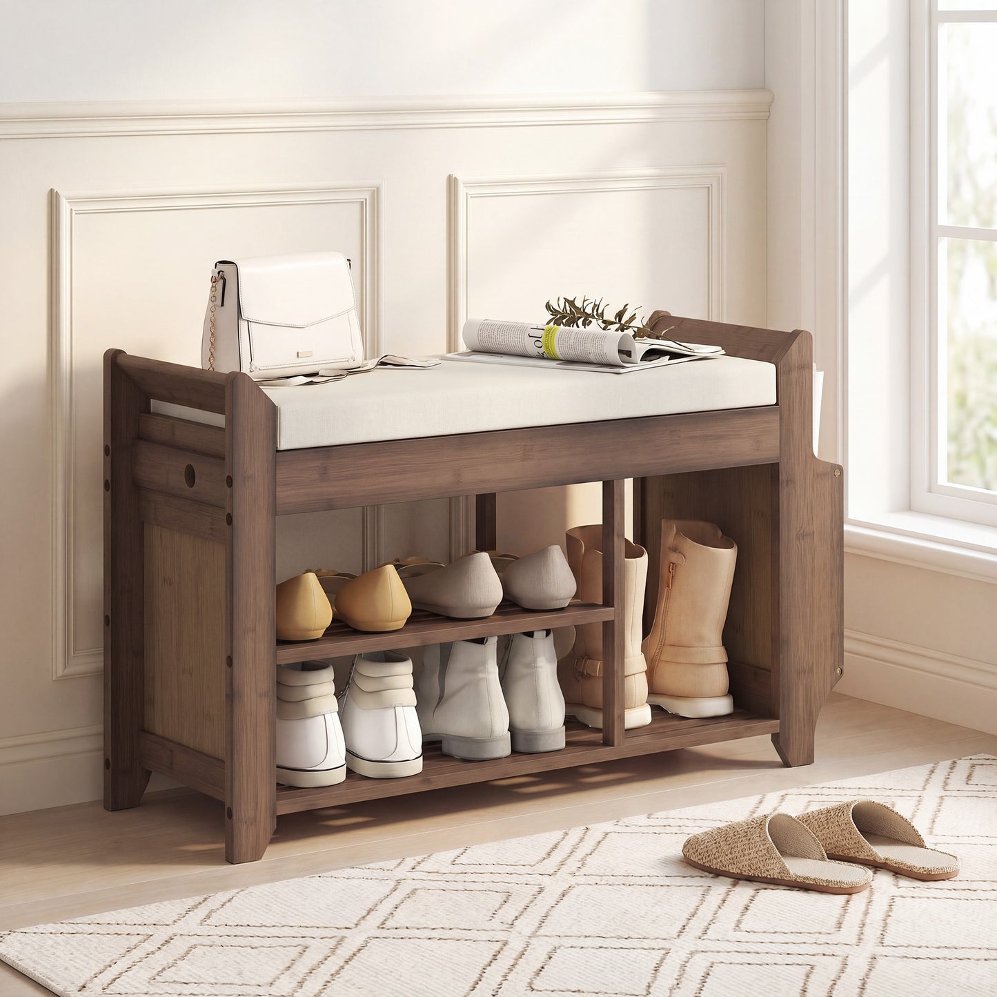 HOMCOM Shoe Bench 2 Tier Entryway Storage with Cushioned Seat 100x30x50 cm Dark Brown and Cream