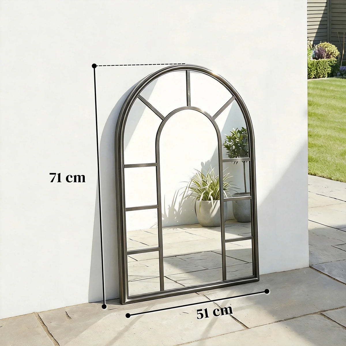 Black arched windowpane wall mirror with full metal frame and size markers 71 x 51