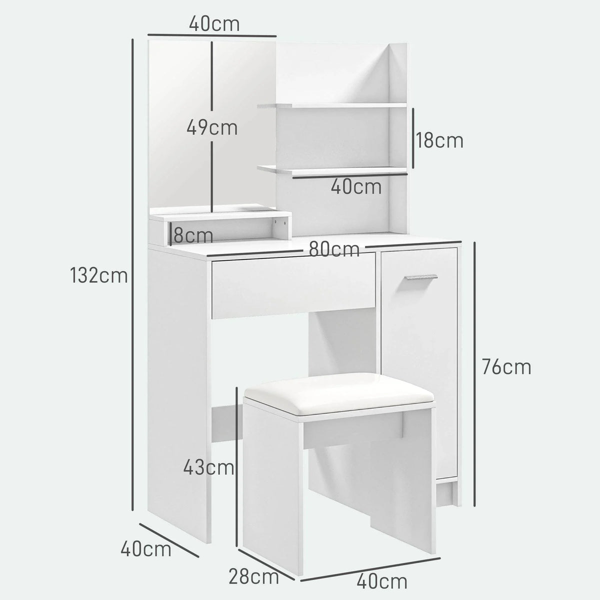 White vanity set layout with mirror, drawer, open shelves, and stool height dimensions