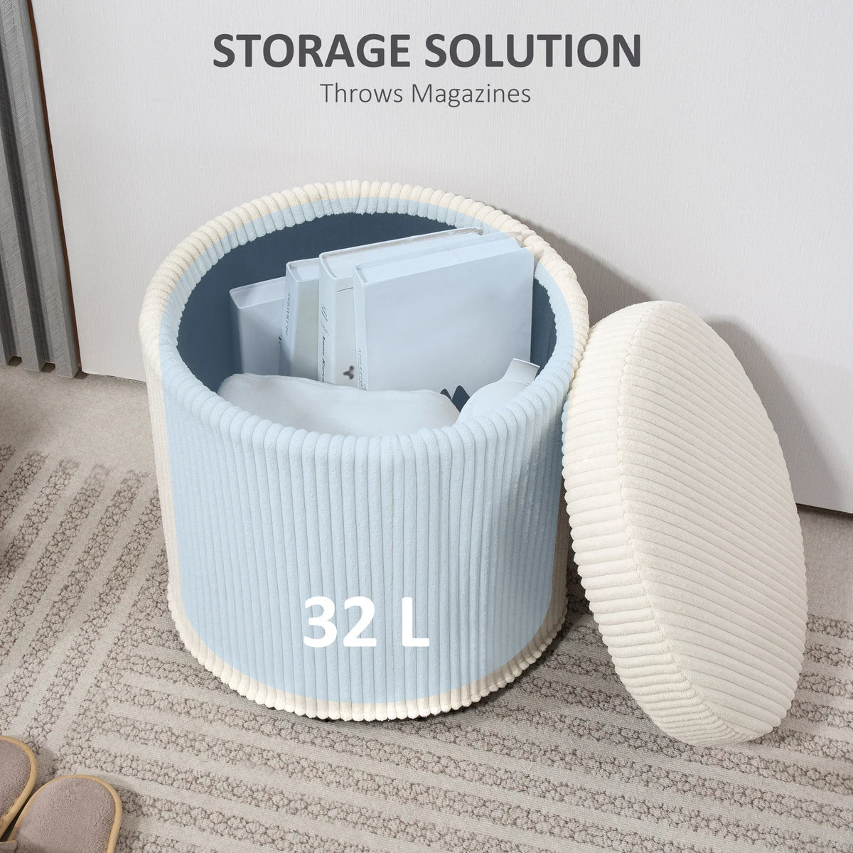 Beige corduroy round storage ottoman, 32 L capacity with open hinged lid