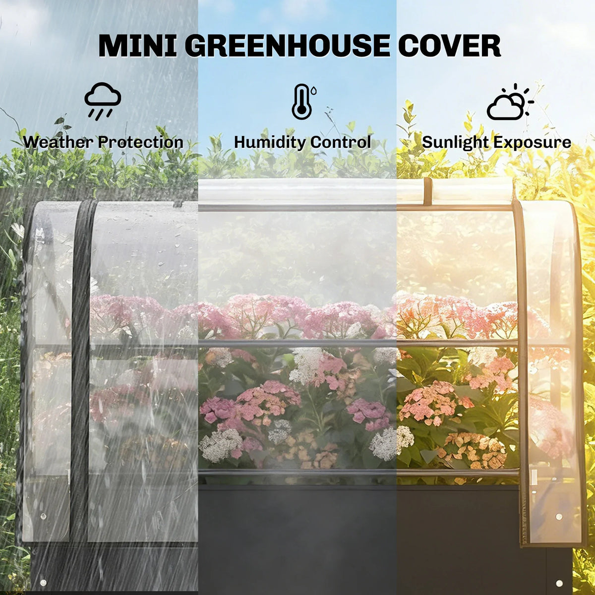 Transparent mini greenhouse cover over raised planter bed with tall side walls