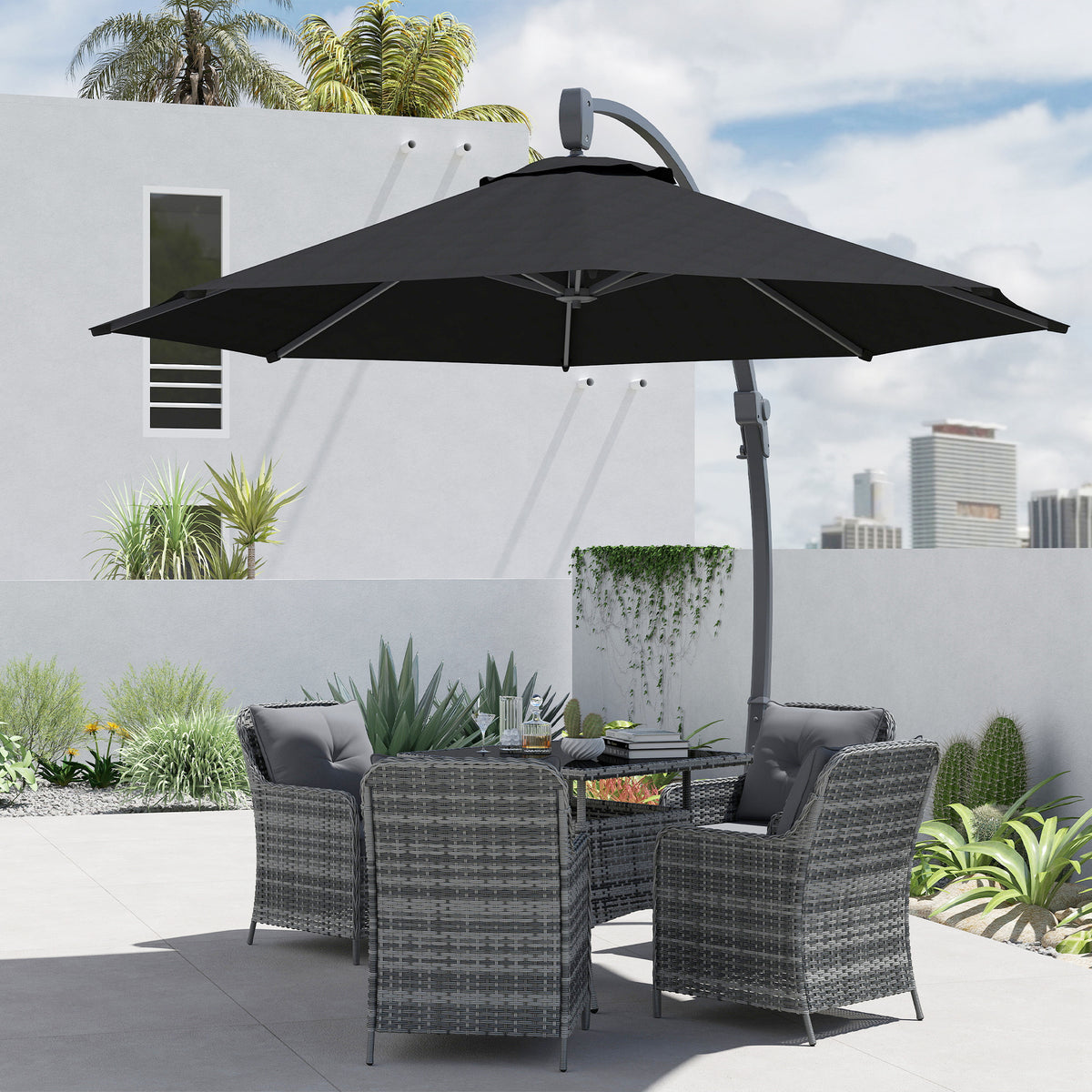 Black cantilever patio parasol with crank handle and canopy above outdoor seating