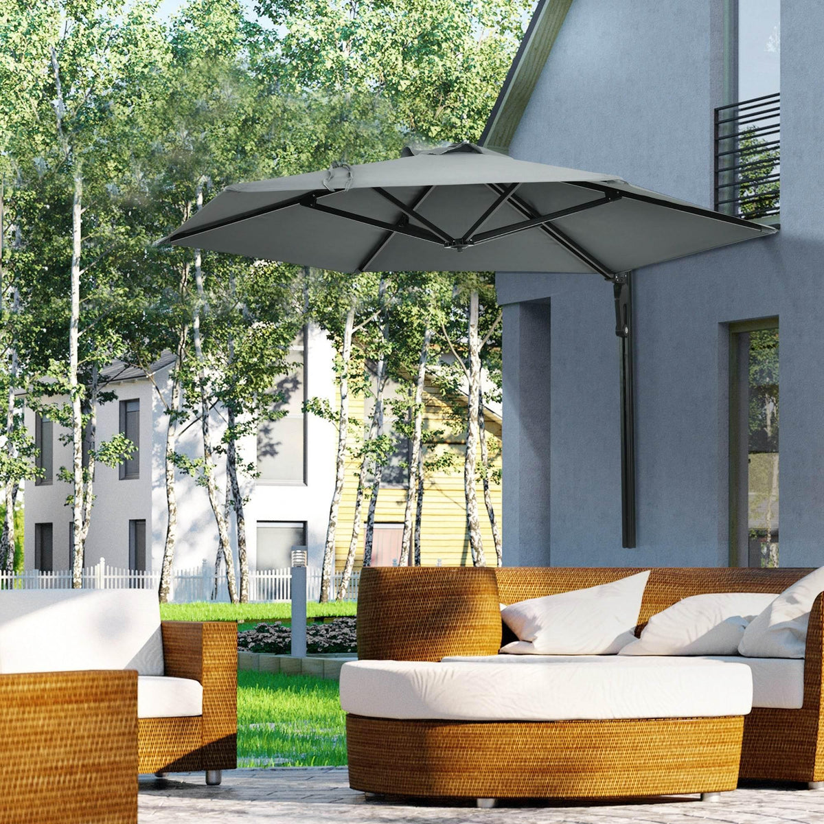 Wall-mounted outdoor patio umbrella with grey rotating canopy