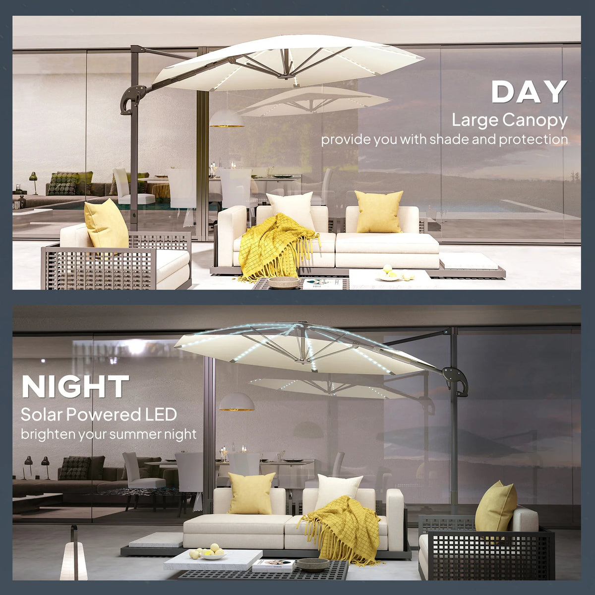 Cream solar patio parasol with glowing LED lights at night above lounge seating