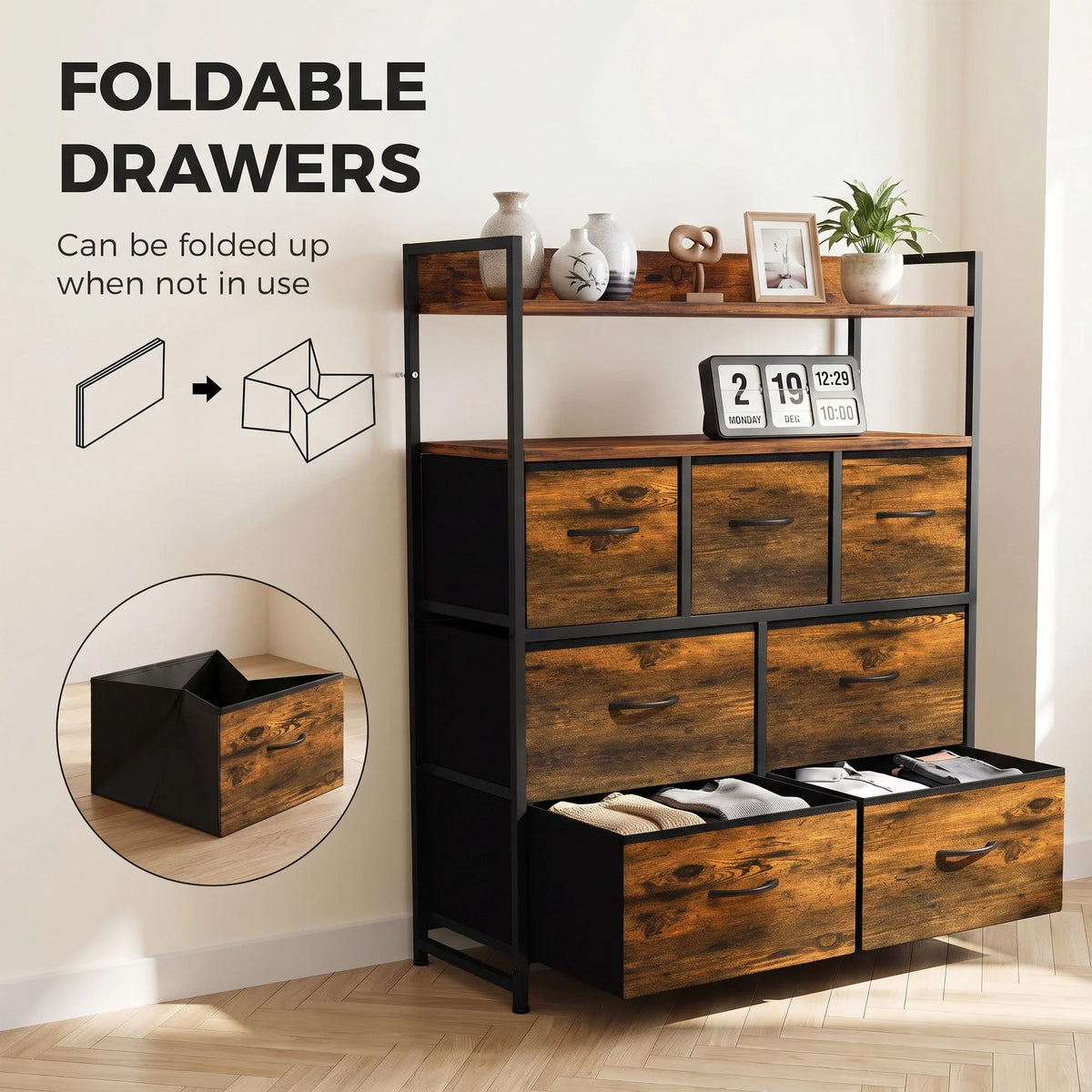 Rustic brown fabric dresser with foldable drawer fronts and open shelving