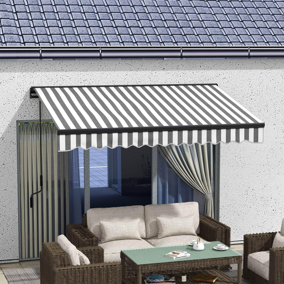 Retractable striped awning with dark frame and scalloped valance over patio seating