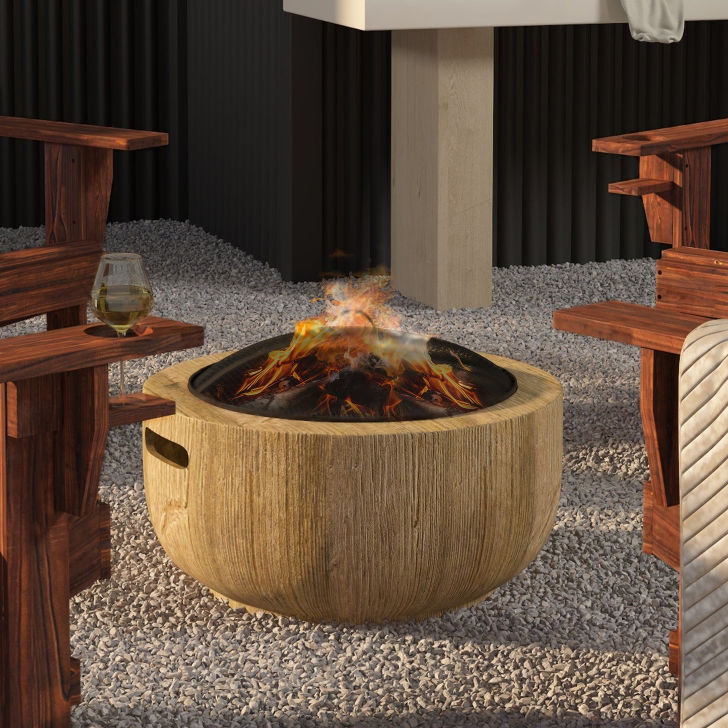 Outsunny Outdoor Fire Pit 61.5 Cm Metal Wood Burning Fireplace With Spark Cover And Poker Woodgrain Design