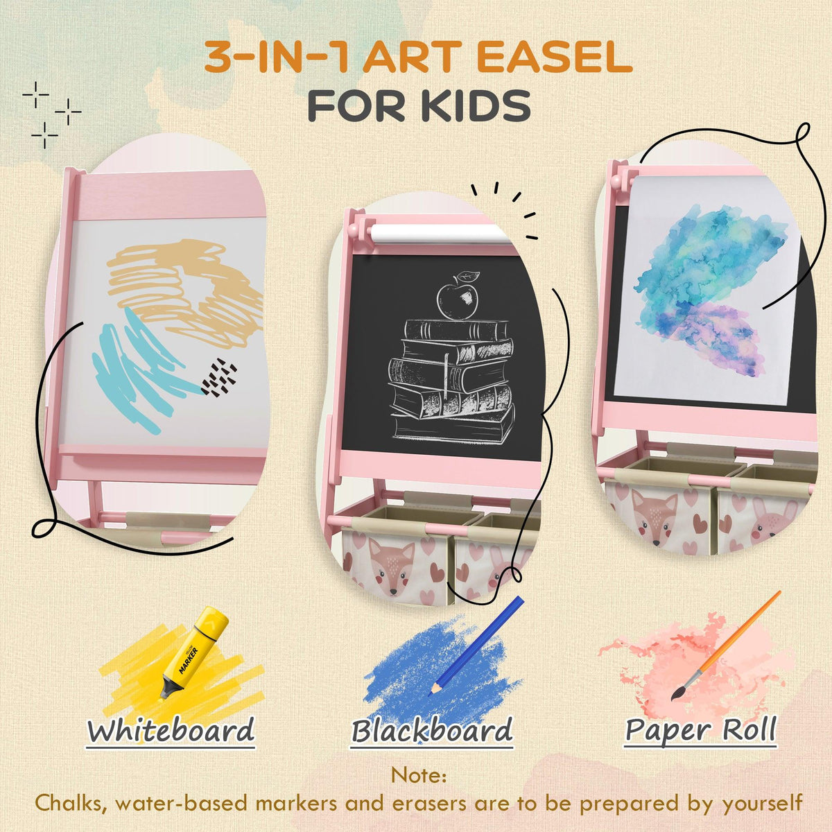 Pink 3-in-1 kids easel with whiteboard, blackboard, and paper roll