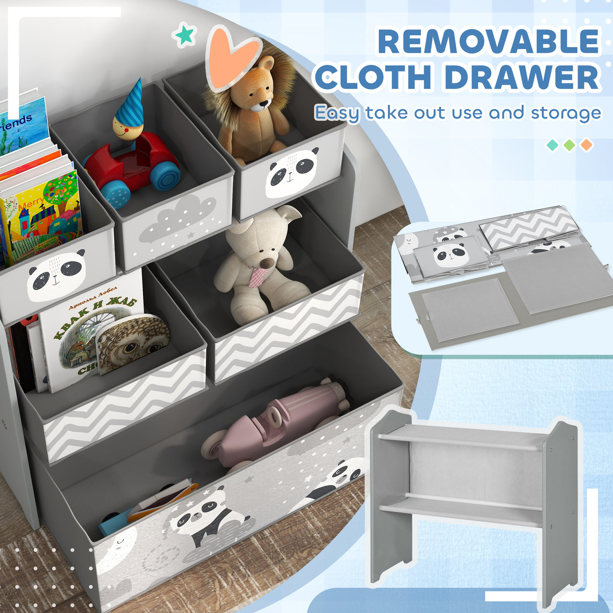 Grey storage unit with removable cloth drawer and panda print storage bins