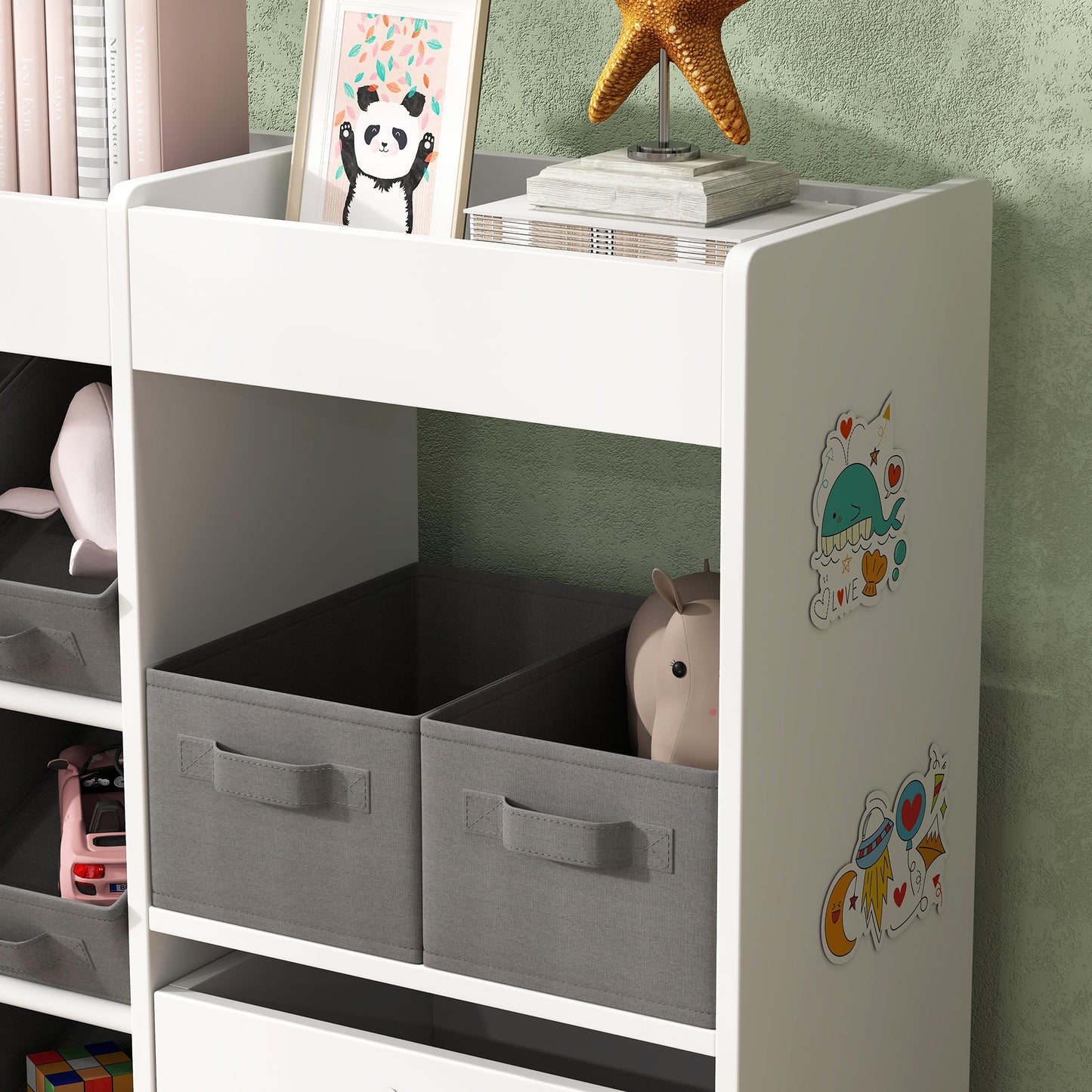 AIYAPLAY Kids Toy Storage Unit With 11 Fabric Bins Cabinet And Top Shelves White For Nursery And Playroom