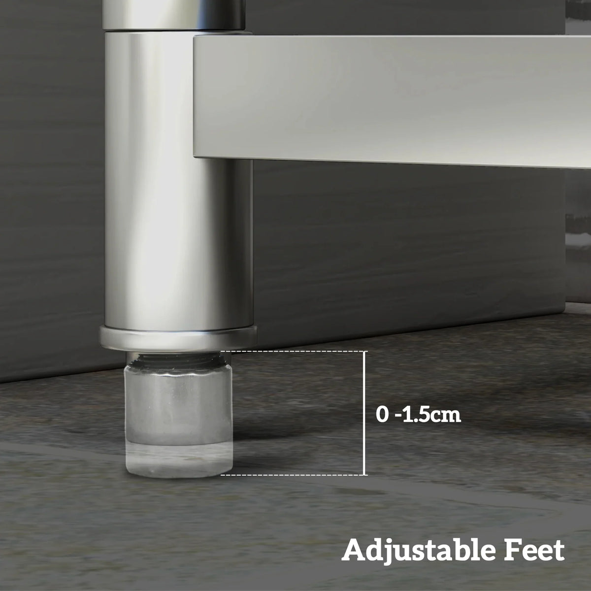 Adjustable feet and drain connector under stainless steel sink base with small catch container