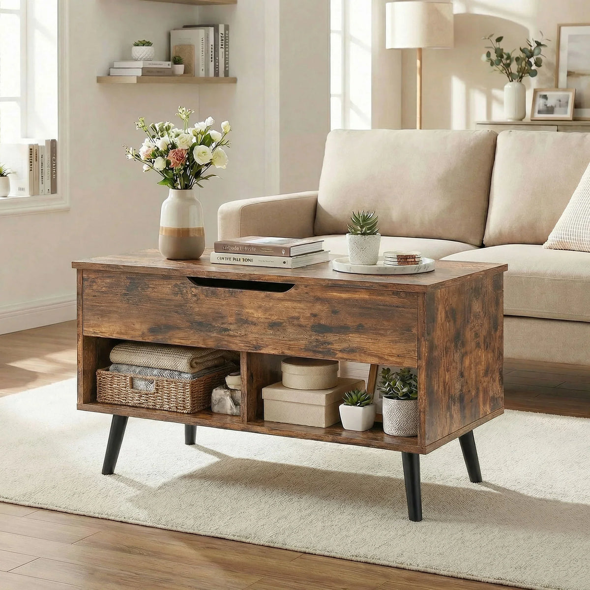 Rustic brown lift-top coffee table with drawer, open shelves, and metal legs
