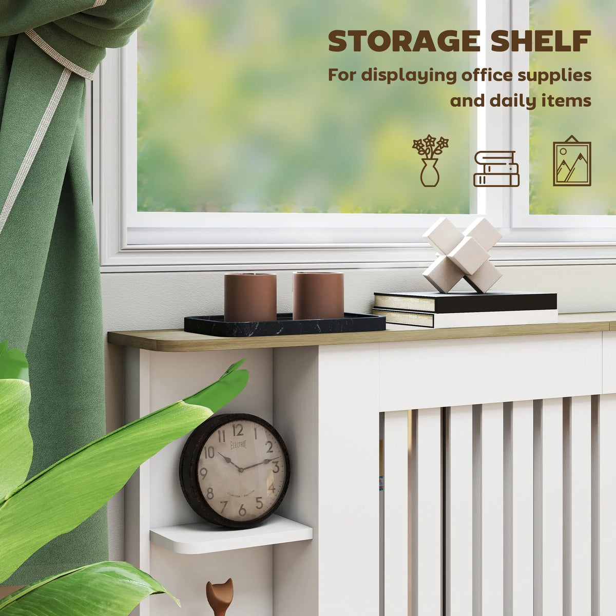 White radiator cover with open storage shelves for decor and small items