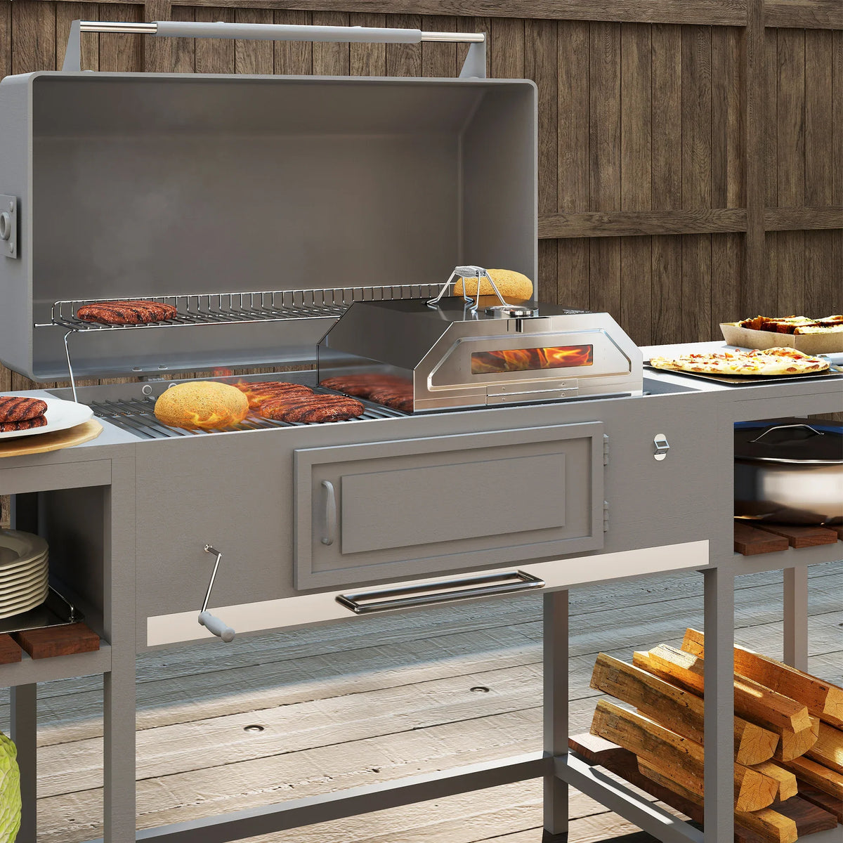 Stainless steel outdoor pizza oven with open chamber and wire rack