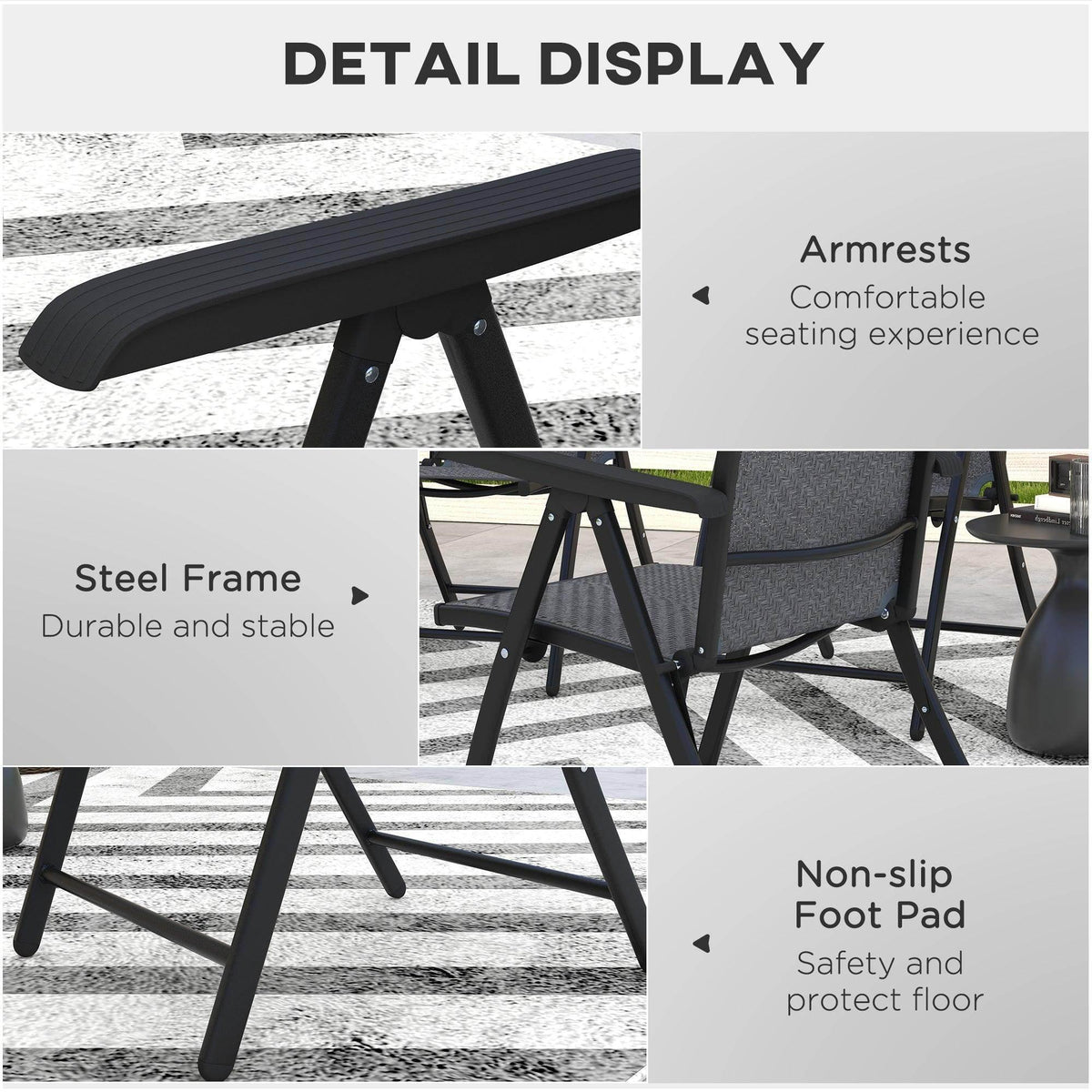 Grey PE rattan folding chair with comfortable armrests and non-slip foot pads