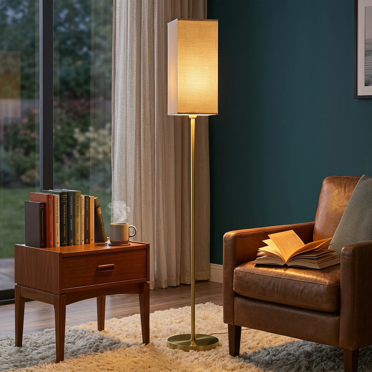 Gold standing floor lamp with rectangular faux linen shade beside sofa and curtains