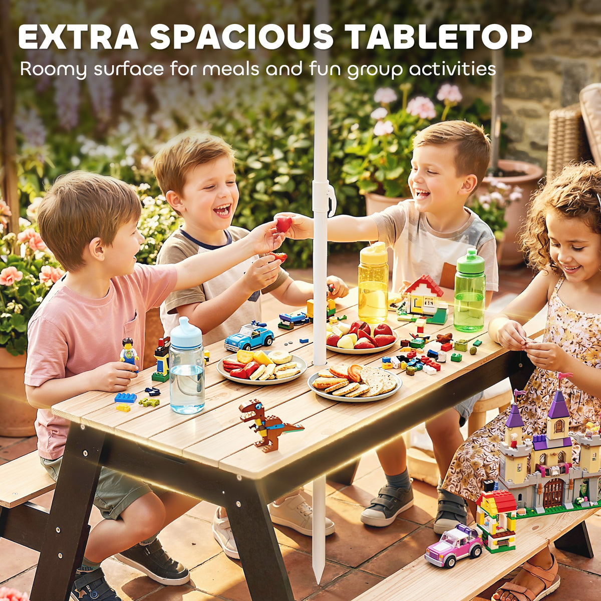 Large kids play table with wide tabletop and hanging parasol pole, children eating and building