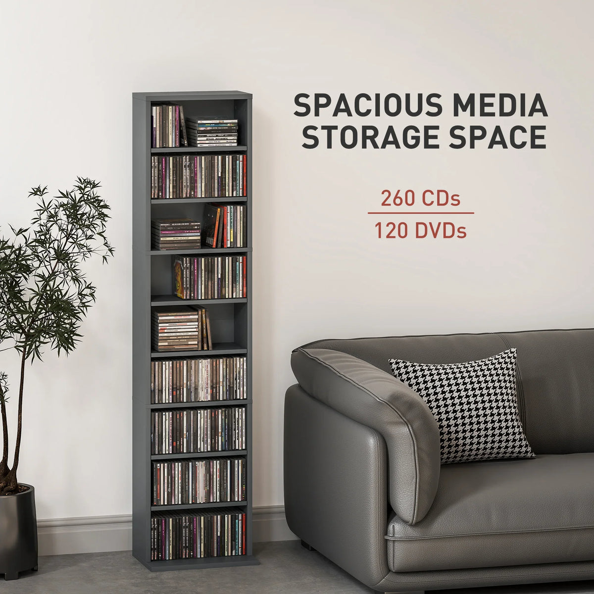 Tall grey CD and DVD storage tower with multiple open shelves