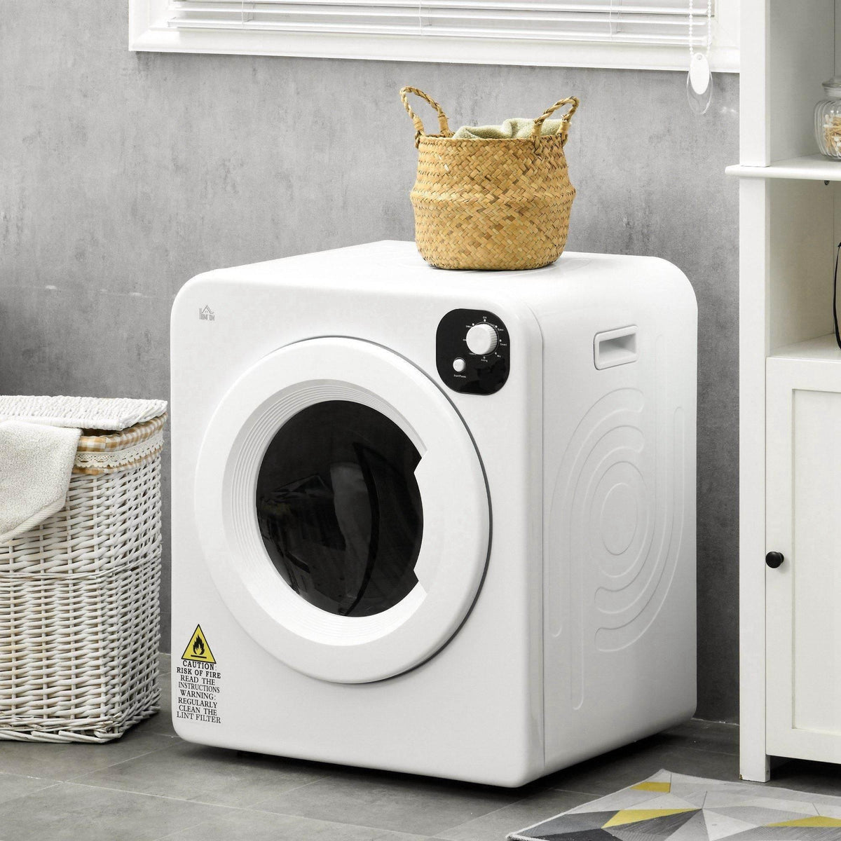 White compact wall-mount tumble dryer with front glass door and control panel