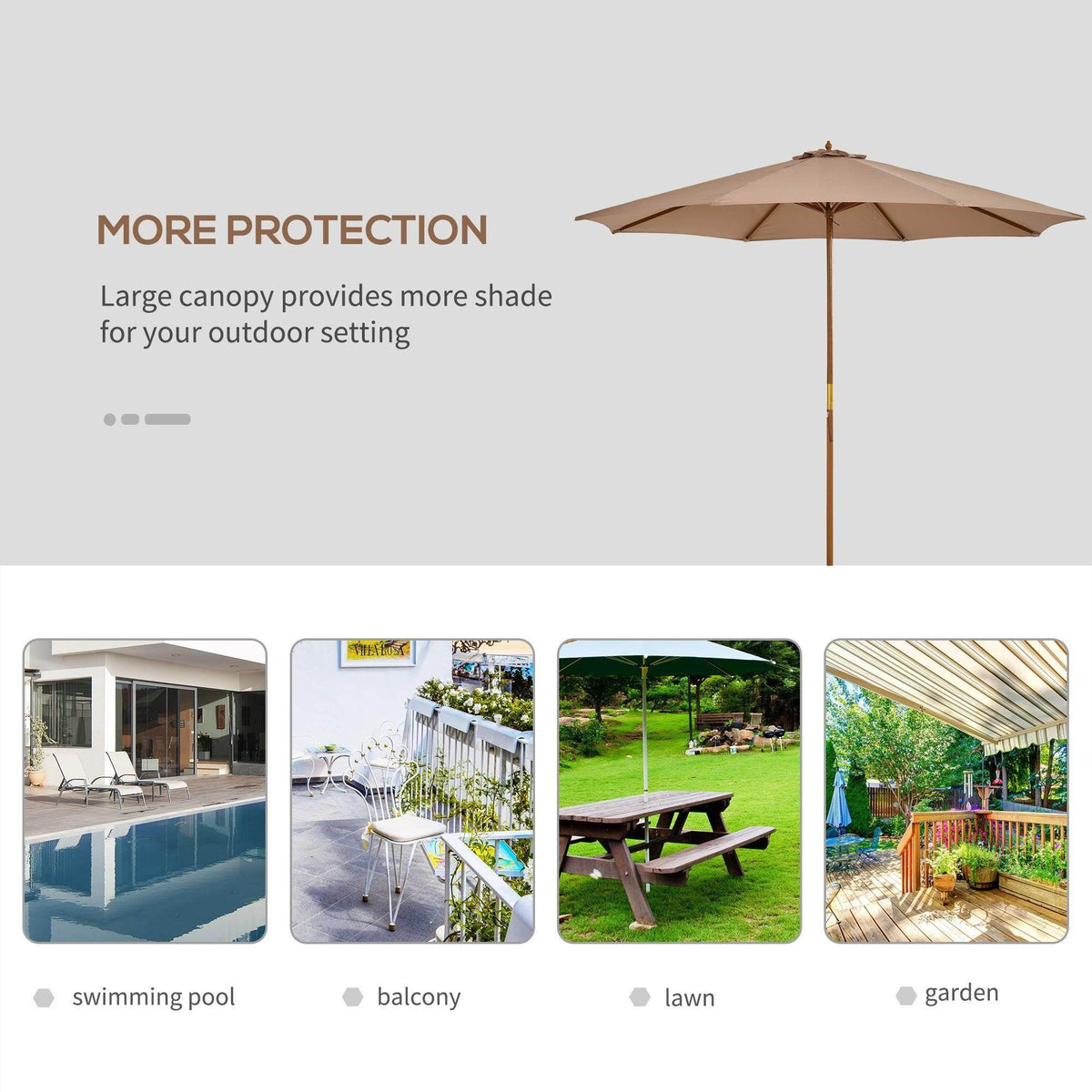 Khaki patio umbrella canopy with top vent for air circulation and more shade