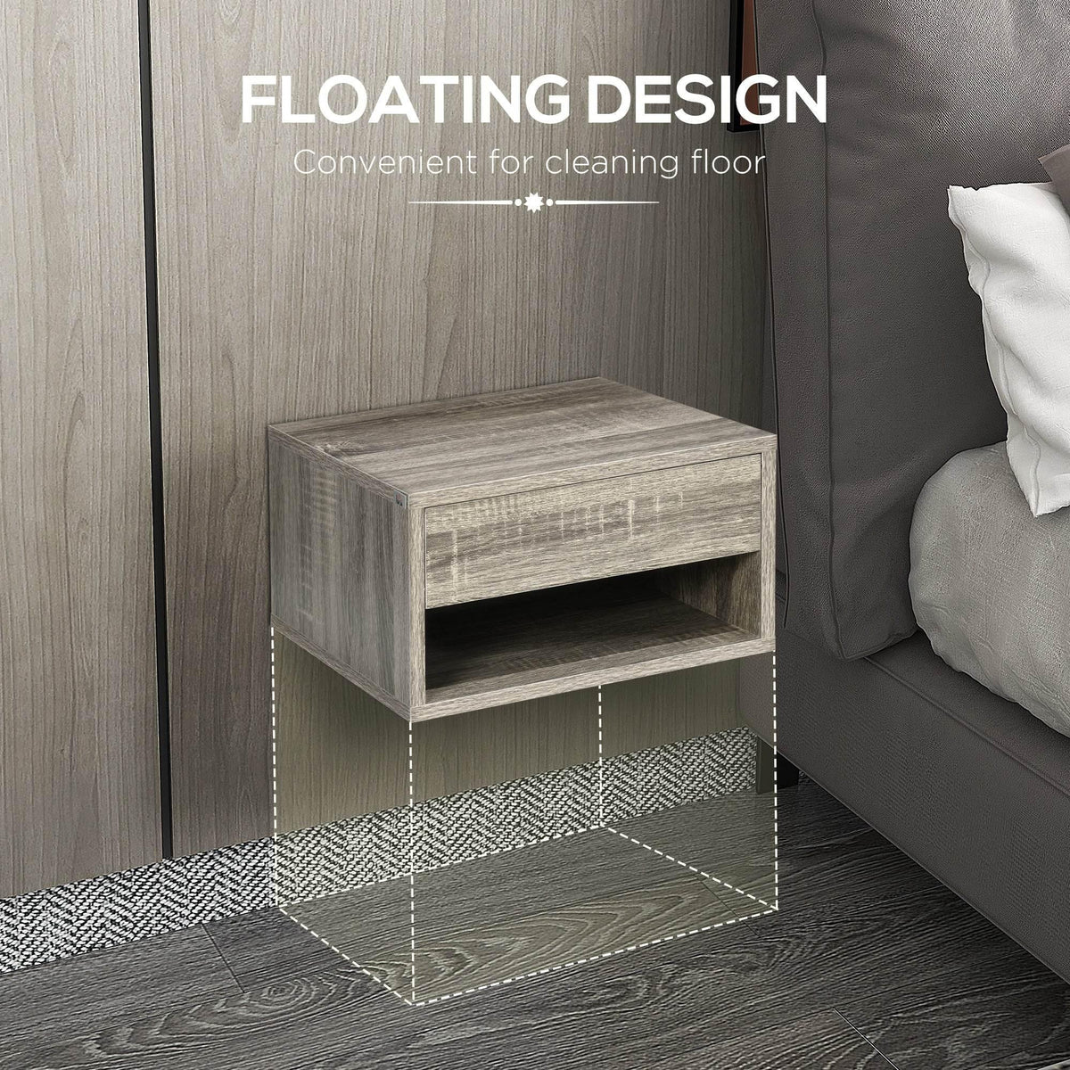 Floating wood nightstand with drawer and open shelf, shown from front corner