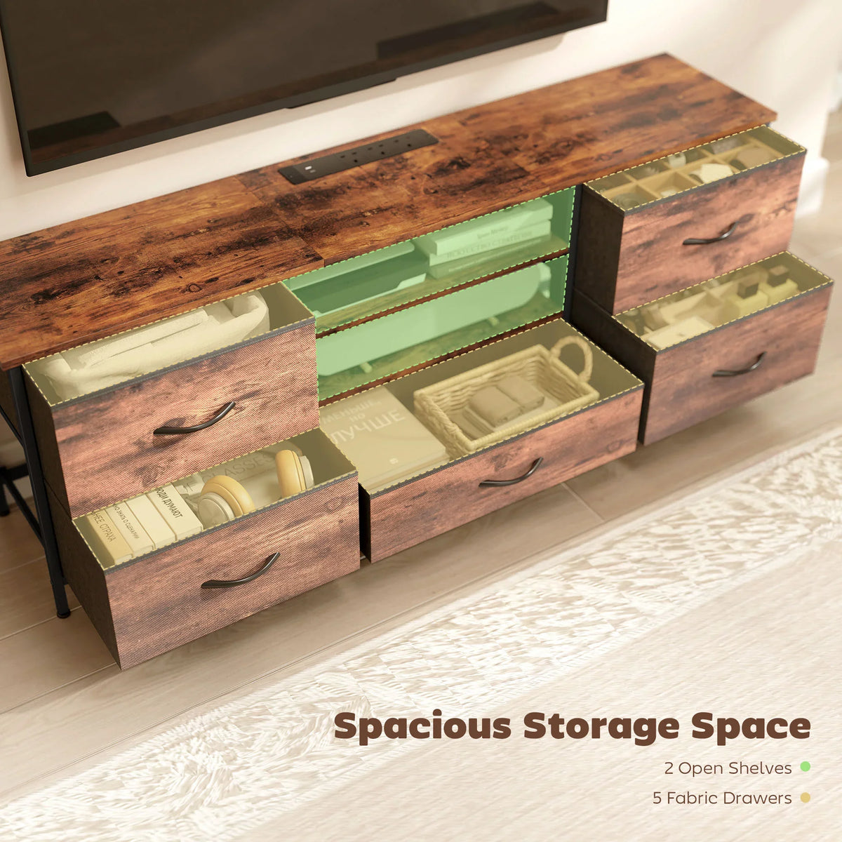 Industrial TV stand with open grey fabric drawers and dark wood-effect tabletop