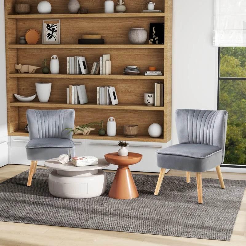 Set of 2 grey velvet accent chairs with curved backs and light wood legs