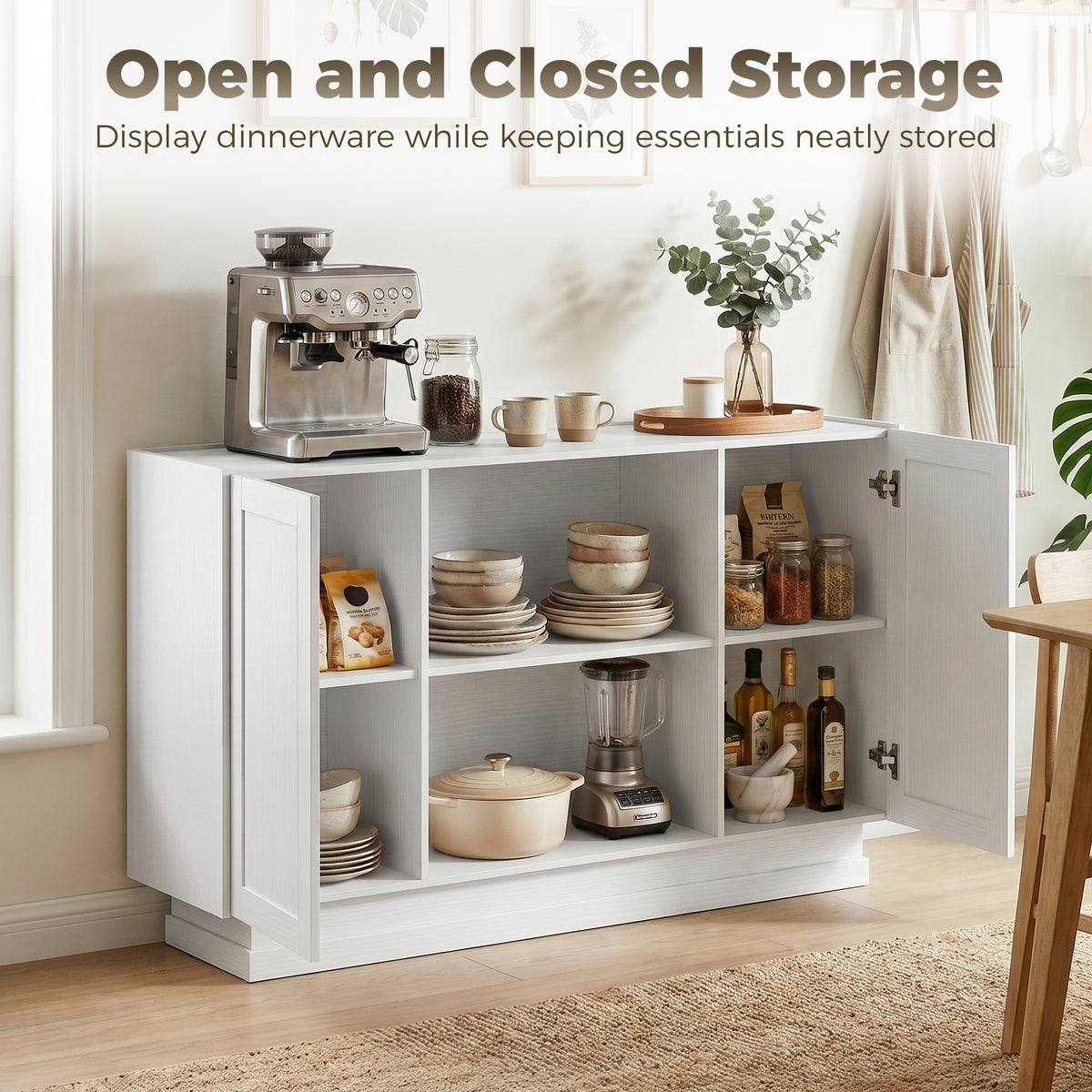 White sideboard buffet cabinet with open and closed storage; display shelves and cabinet doors.