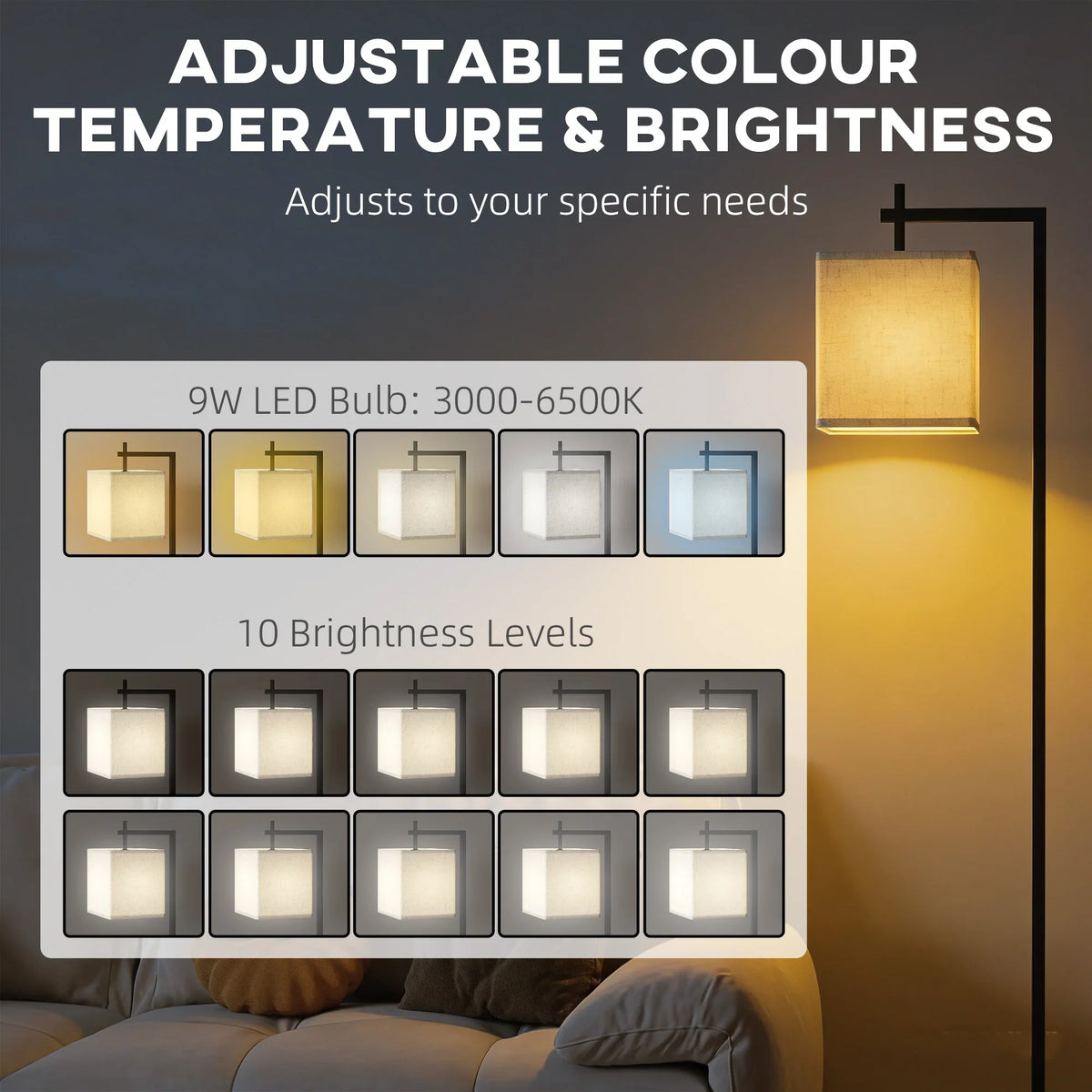 Floor lamp with square shade and control graphic for brightness and color temperature