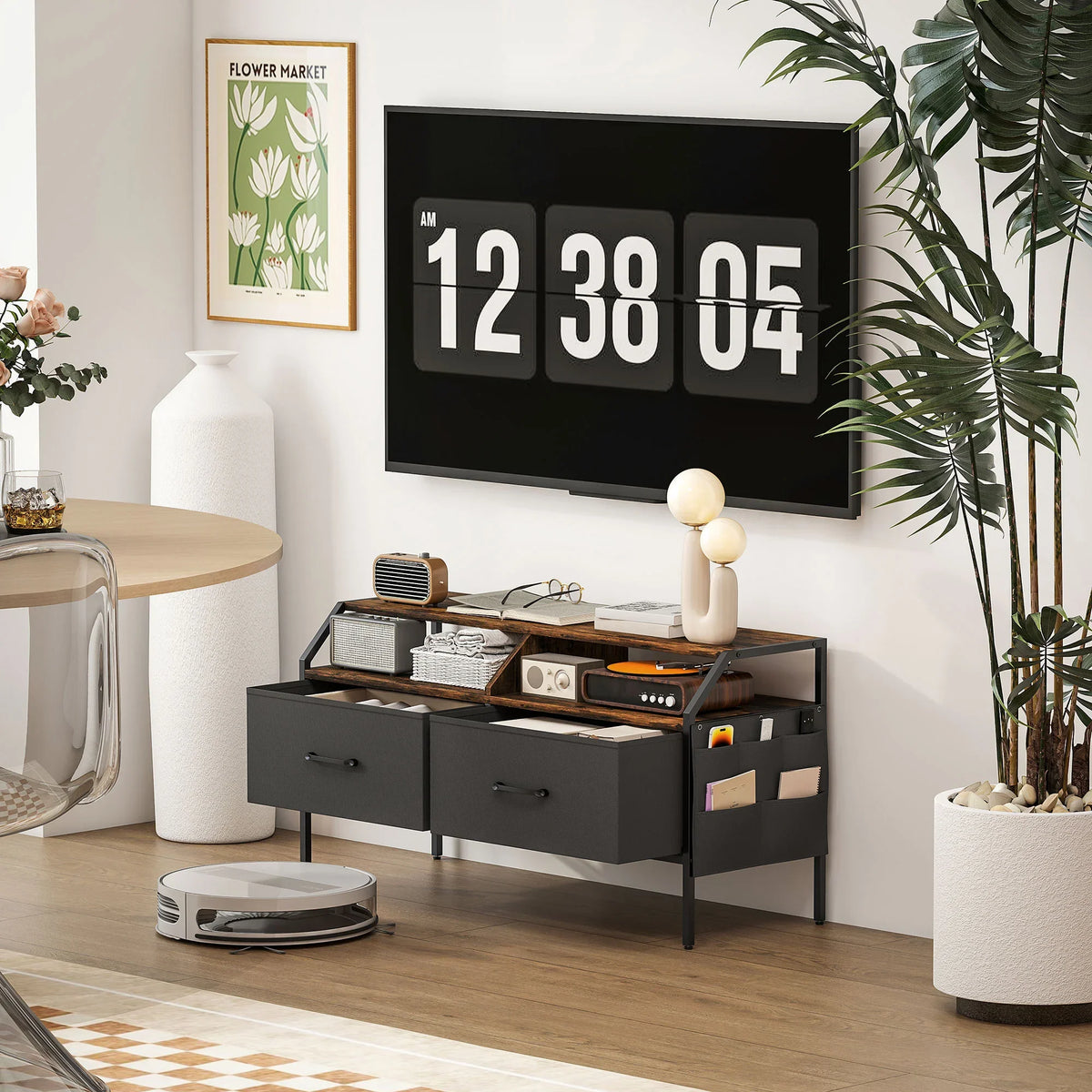 TV stand with two drawers and open shelf, with side pockets and robot vacuum nearby
