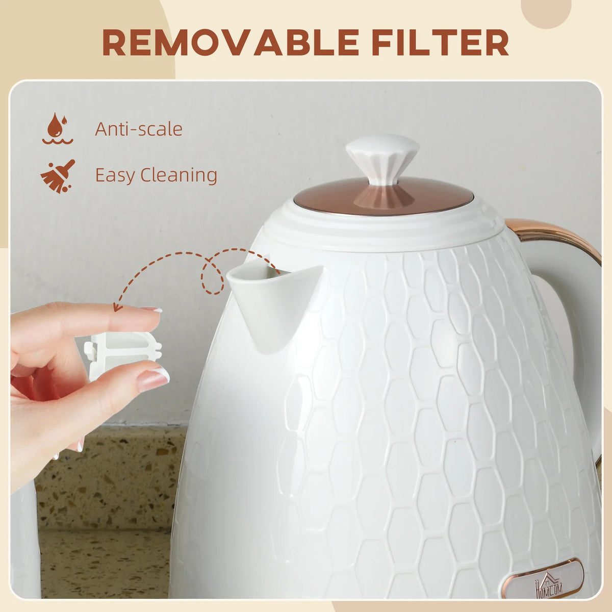 Cream electric kettle with removable filter housing, honeycomb texture, and copper spout