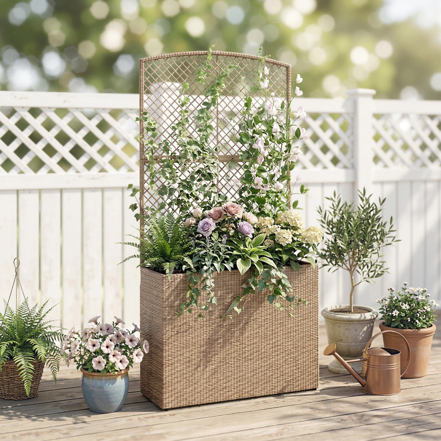 Outsunny Rattan Planter With Trellis Raised Bed For Garden With Liner Climbing Plants Vegetables Flowers Light Grey
