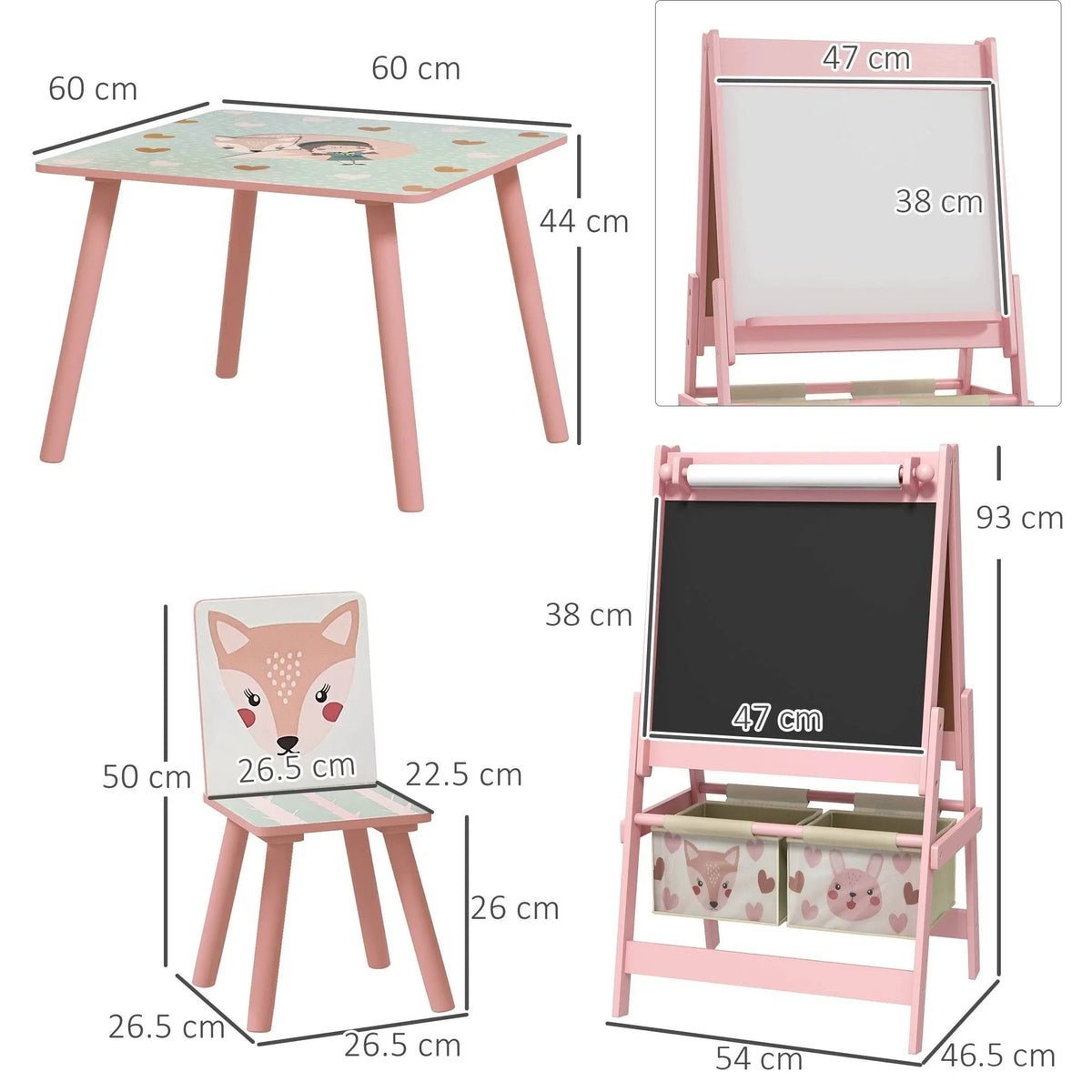 Pink kids table, chair, and easel with front, side, and size diagram views