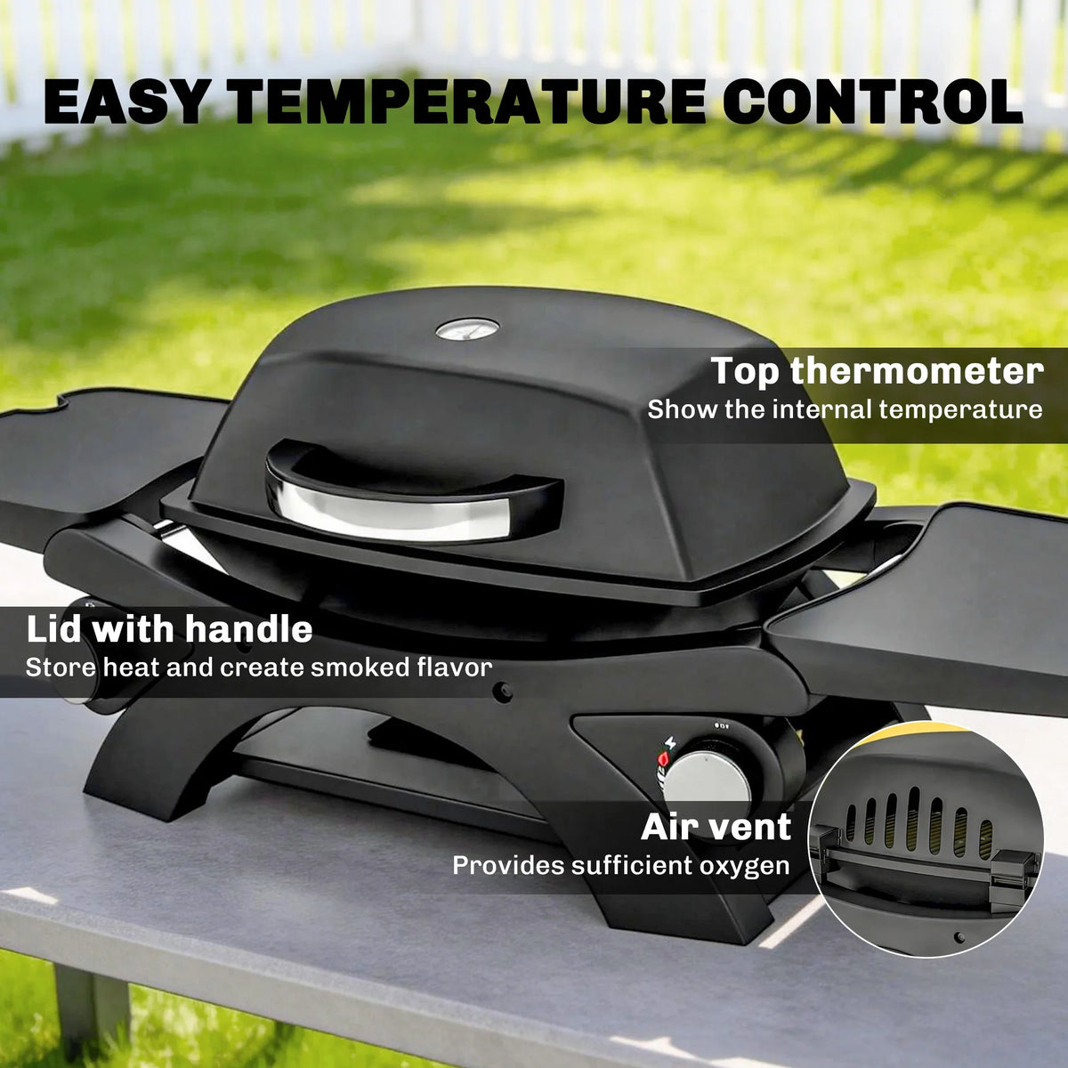 Black gas grill lid with top thermometer, air vent, and control knob panel