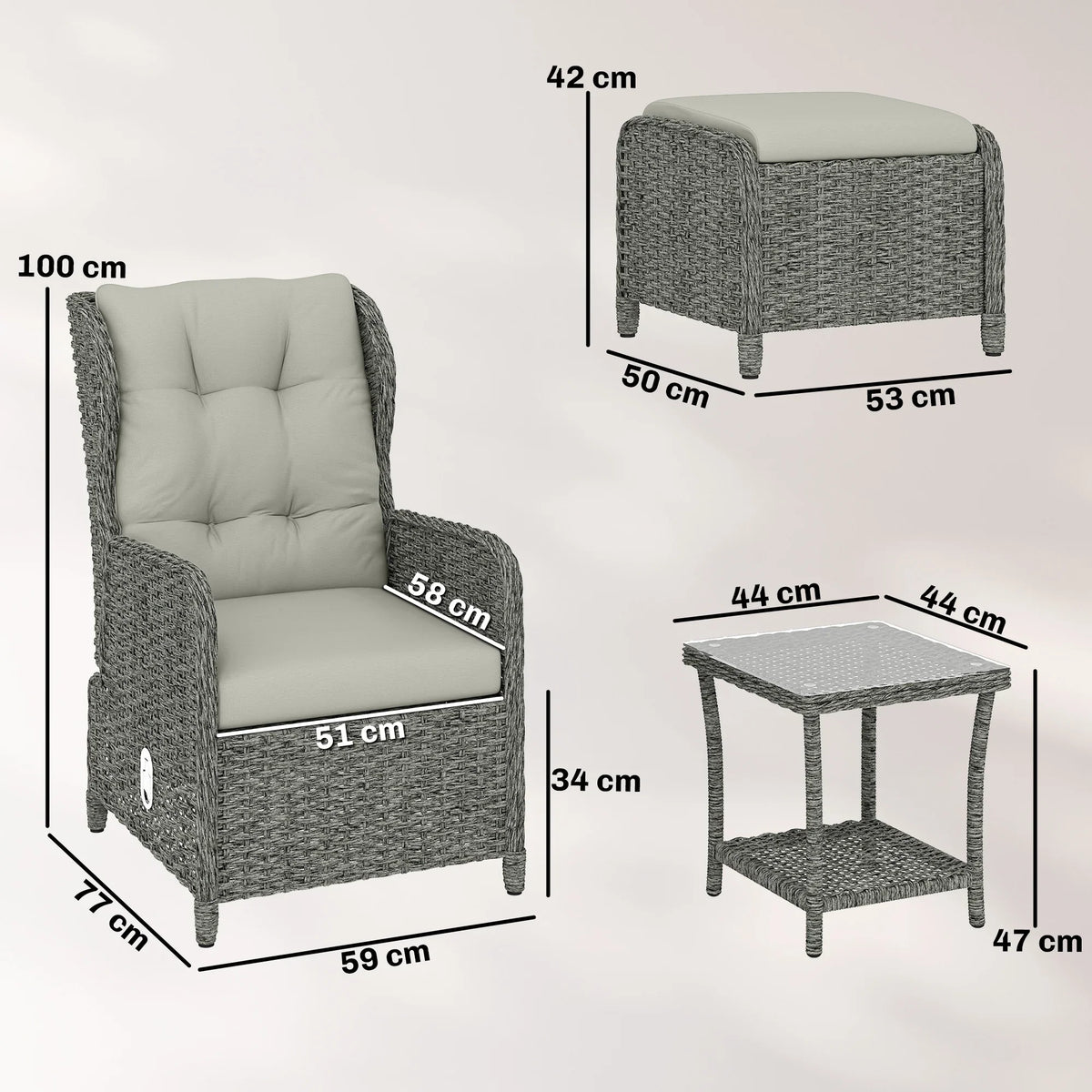 Pair of rattan reclining chairs with matching footstools, light cushions on dark gray frames