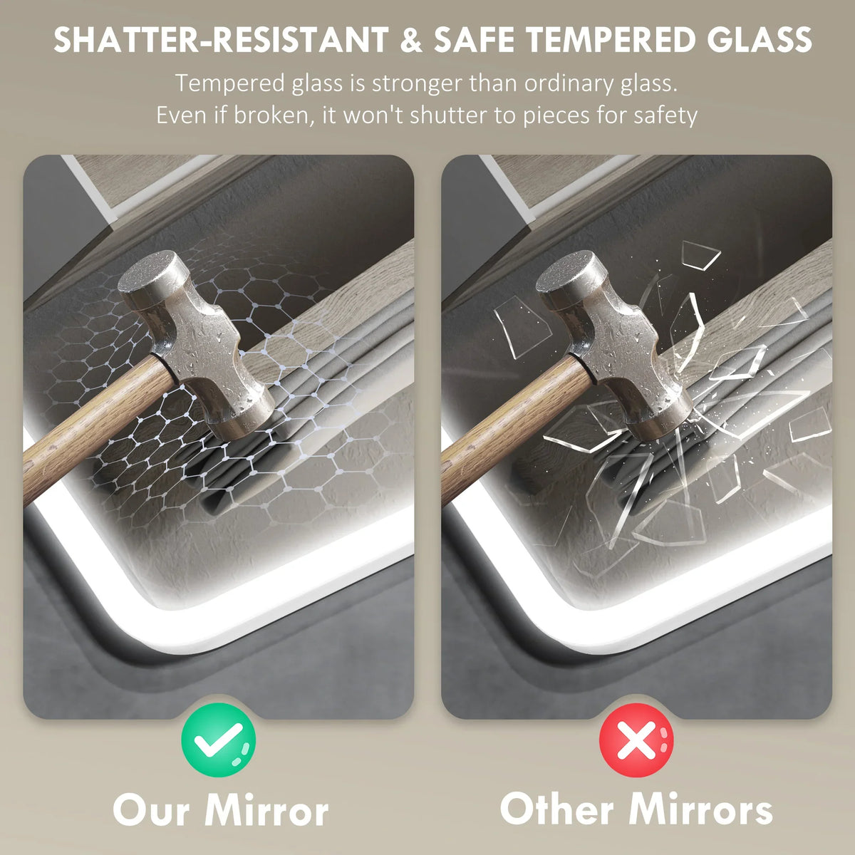 Tempered-glass LED bathroom mirror with impact-safe shutter protection