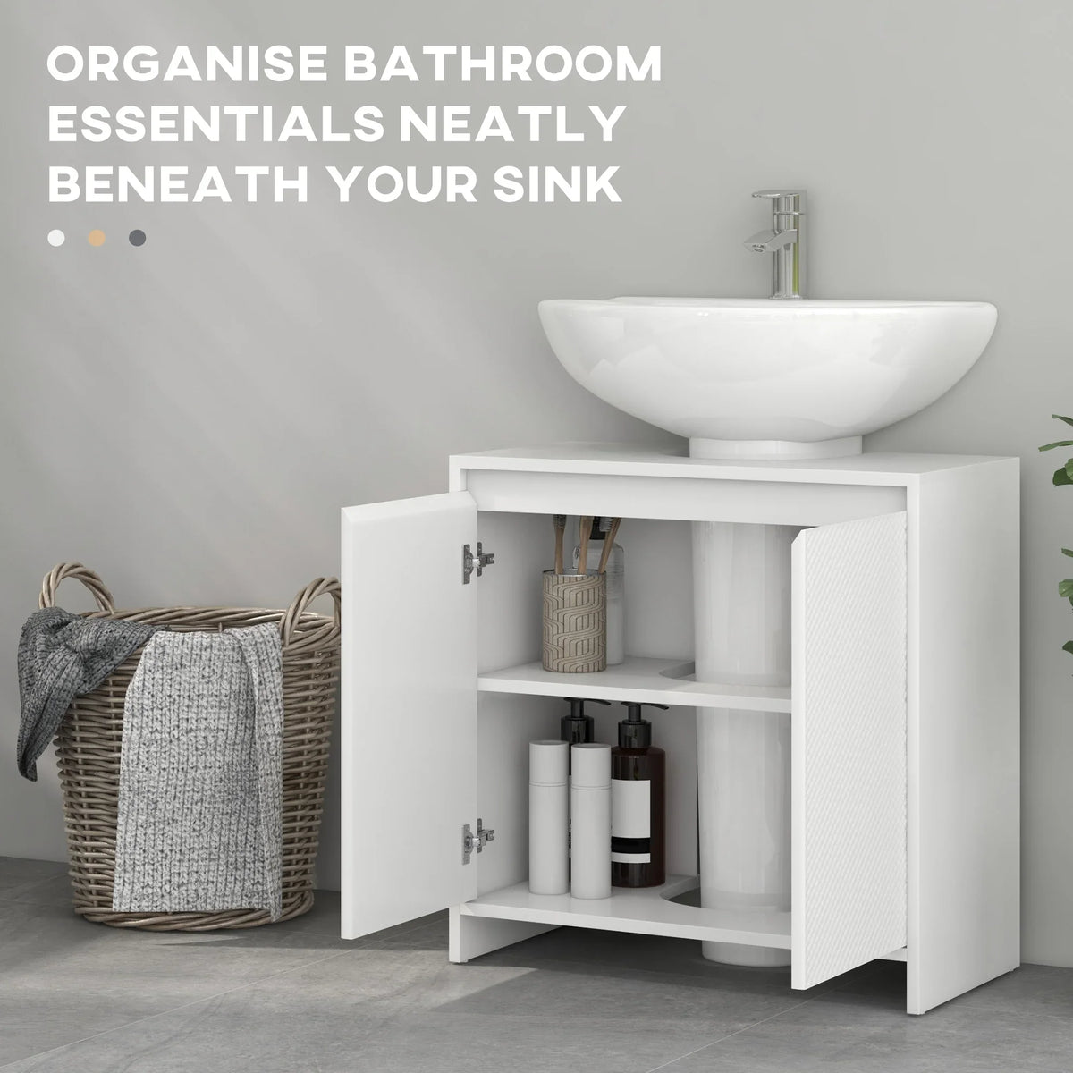 White under-sink cabinet with two doors open and organizing shelves beneath sink