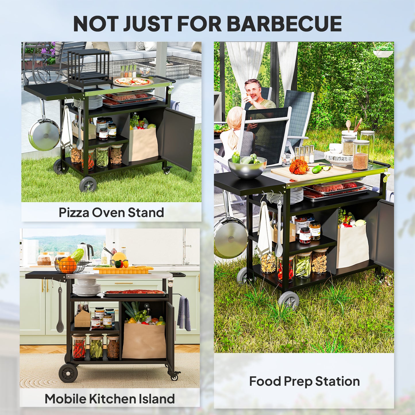 Outsunny Outdoor BBQ Trolley With Foldable Side Table Stainless Steel Top Wheels Shelves Cabinet Movable Grill Cart