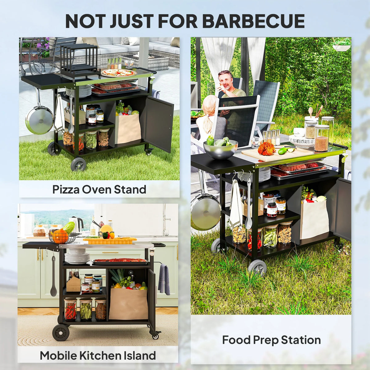 Outdoor BBQ trolley cart with shelves and cabinet doors for mobile meal prep.