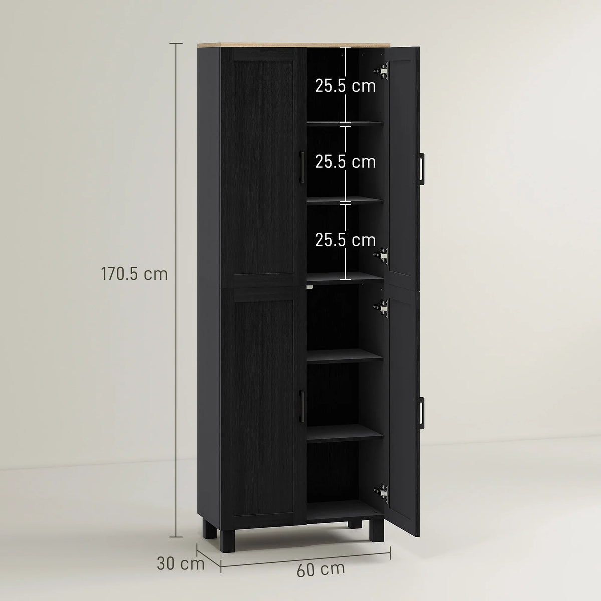 Black tall cabinet with 4 doors, open front view showing adjustable shelves