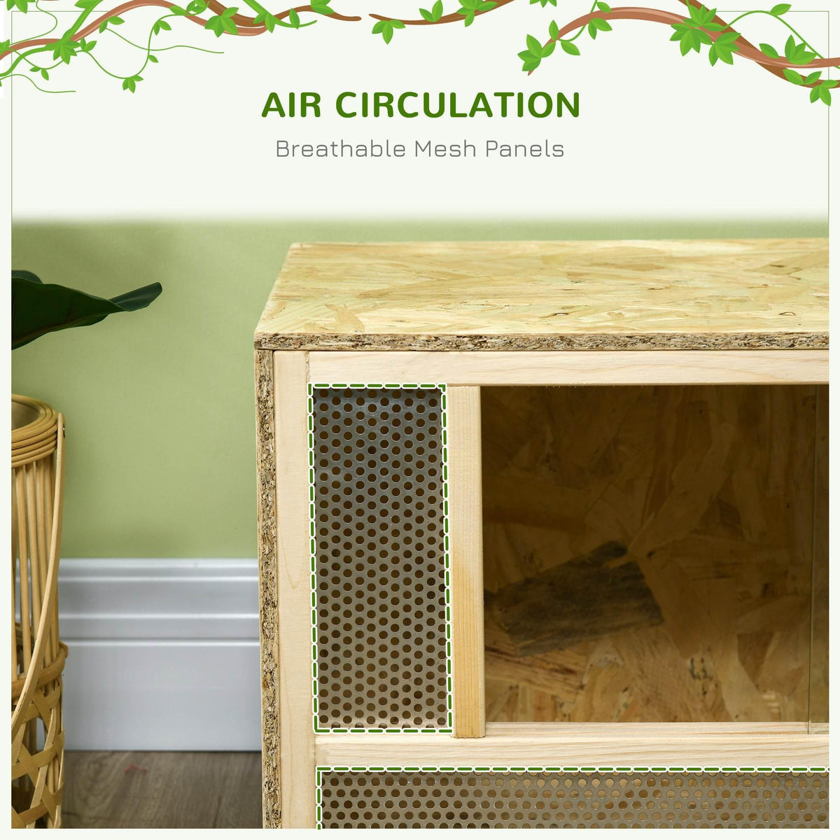 Wooden reptile habitat showing vented mesh side panel for airflow near the top